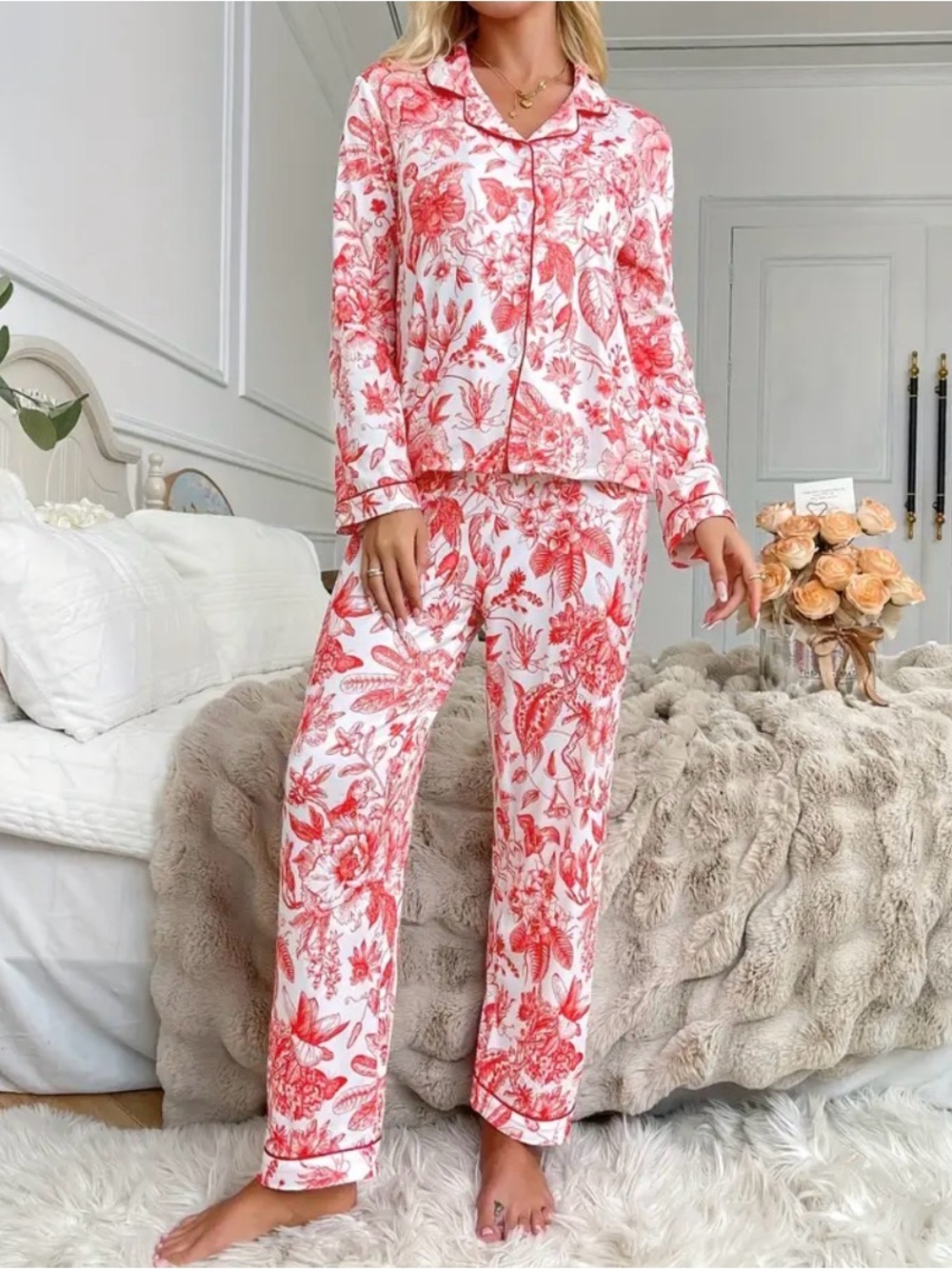 Red Floral Button-Front Women's Pajama Set